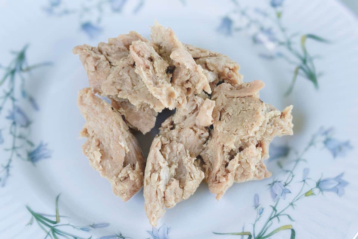 A pile of shredded homemade vegan chicken with a realistic fibrous texture, displayed on a vintage white ceramic plate with a delicate blue floral pattern on a light background.